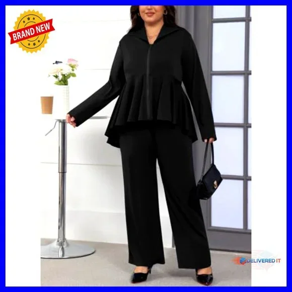 Plus Size Two Piece Set Zip Up Peplum Jacket Wide Leg Pant Suits - Picture 7 of 7